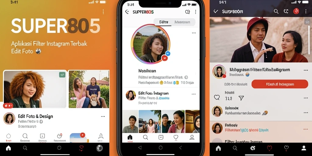 Tampilan antarmuka SUPER805 dengan berbagai pilihan filter Instagram.
