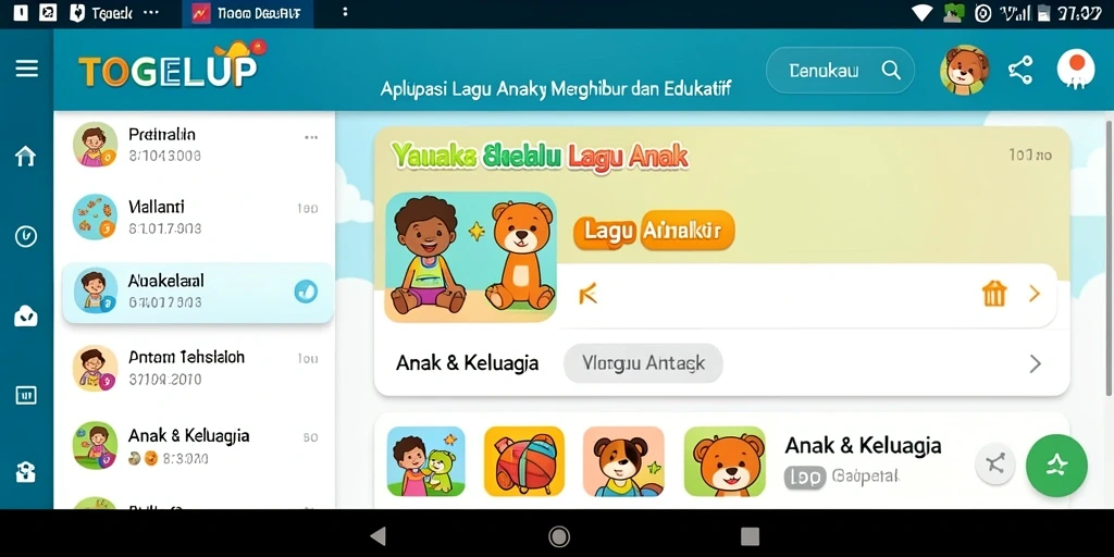 Antarmuka TOGELUP menampilkan berbagai lagu anak yang ceria.